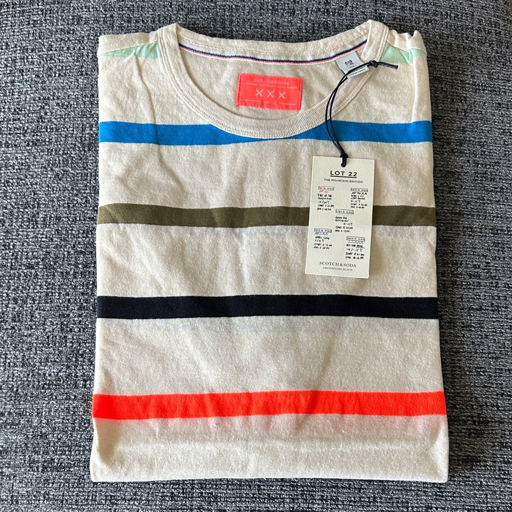 Scotch & Soda Beige Striped Crewneck with Blue and Olive Bands